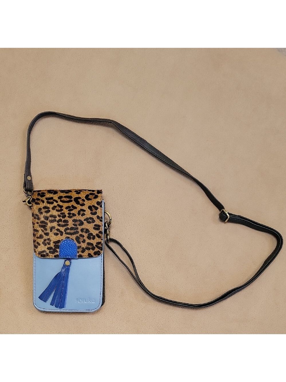 Soruka Gia Blue & Leopard Print Upcycled Leather Crossbody Bag OOAK NWT - Picture 2 of 13